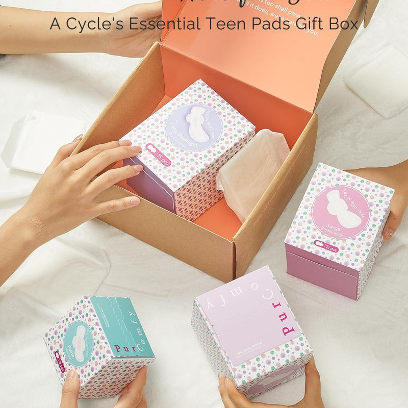 Teens First Period Starter Kit for Girls 9-10-11-12-14 63pcs Period Pads for Tweens Teens, Menstrual Pad Box for Girls Period Kit for School, 4 Essential Size fit for Tween Period Underwear