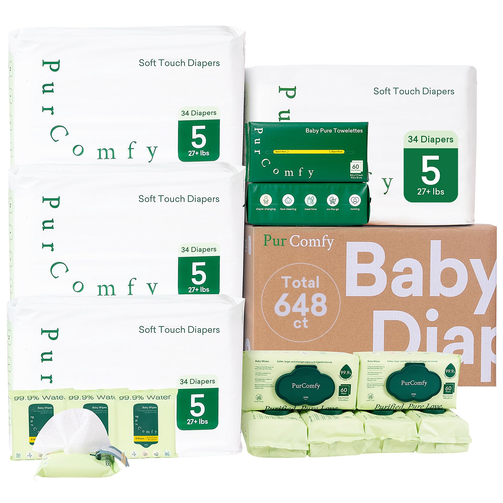 Baby Diapers Essential Kit, 4 Pack Baby Diaper, 6 Pack Baby Wipes, 4 Pack Travel Size Baby Wipes, 2 Pack Dry Wipes - PurComfy