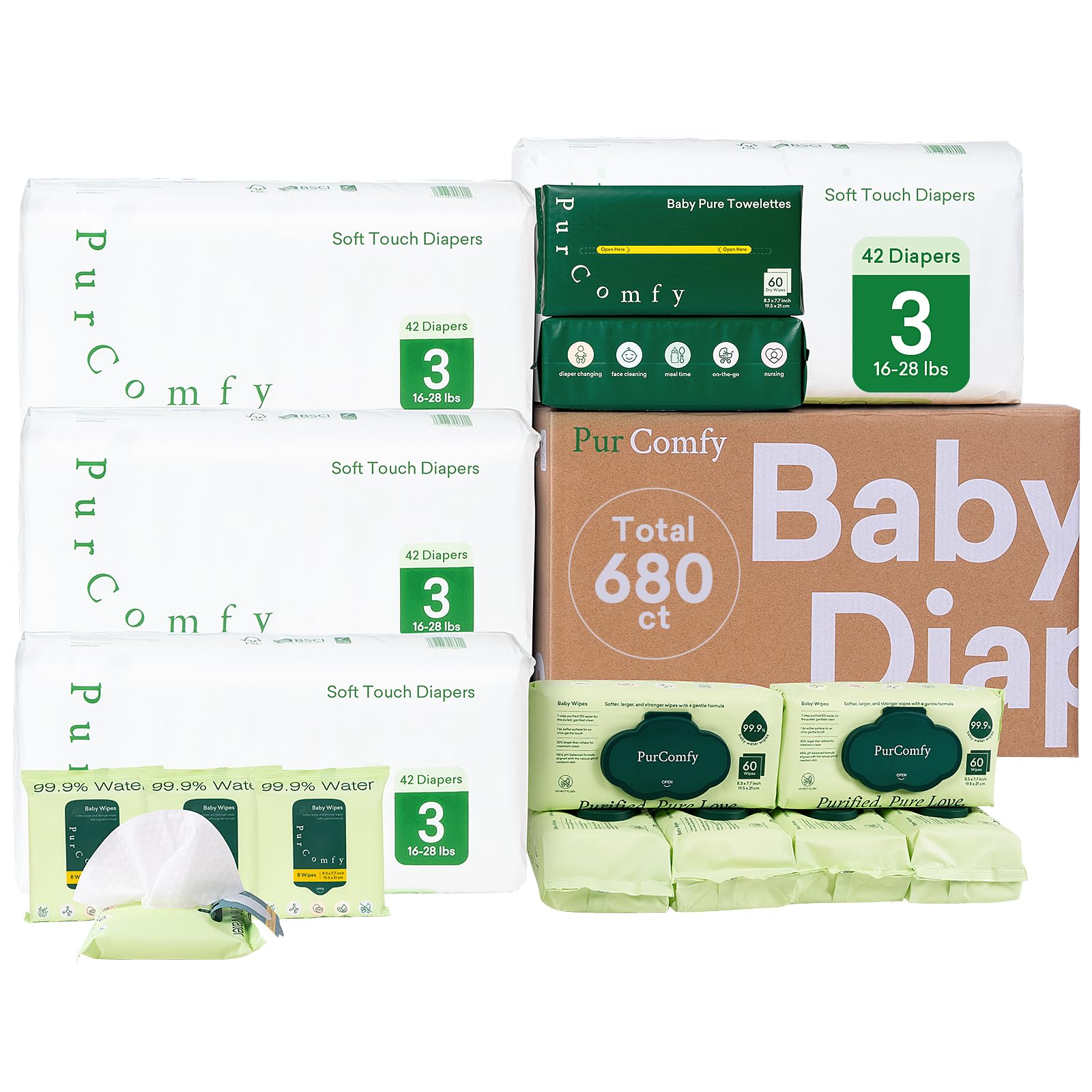 Baby Diapers Essential Kit, 4 Pack Baby Diaper, 6 Pack Baby Wipes, 4 Pack Travel Size Baby Wipes, 2 Pack Dry Wipes - PurComfy