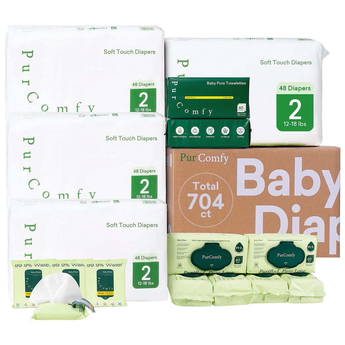 Baby Diapers Essential Kit, 4 Pack Baby Diaper, 6 Pack Baby Wipes, 4 Pack Travel Size Baby Wipes, 2 Pack Dry Wipes - PurComfy
