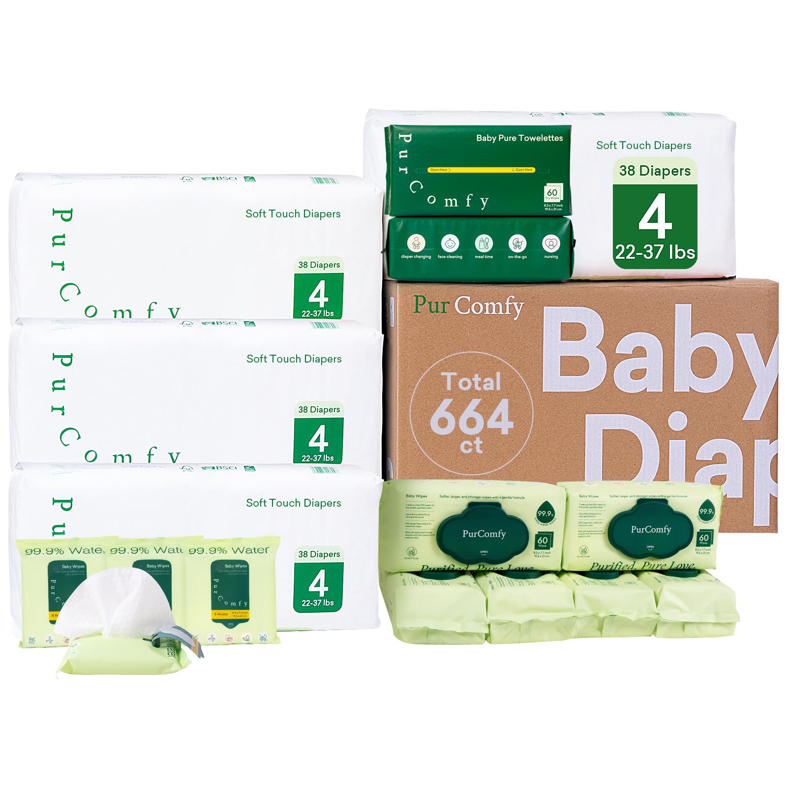 Baby Diapers Essential Kit, 4 Pack Baby Diaper, 6 Pack Baby Wipes, 4 Pack Travel Size Baby Wipes, 2 Pack Dry Wipes - PurComfy