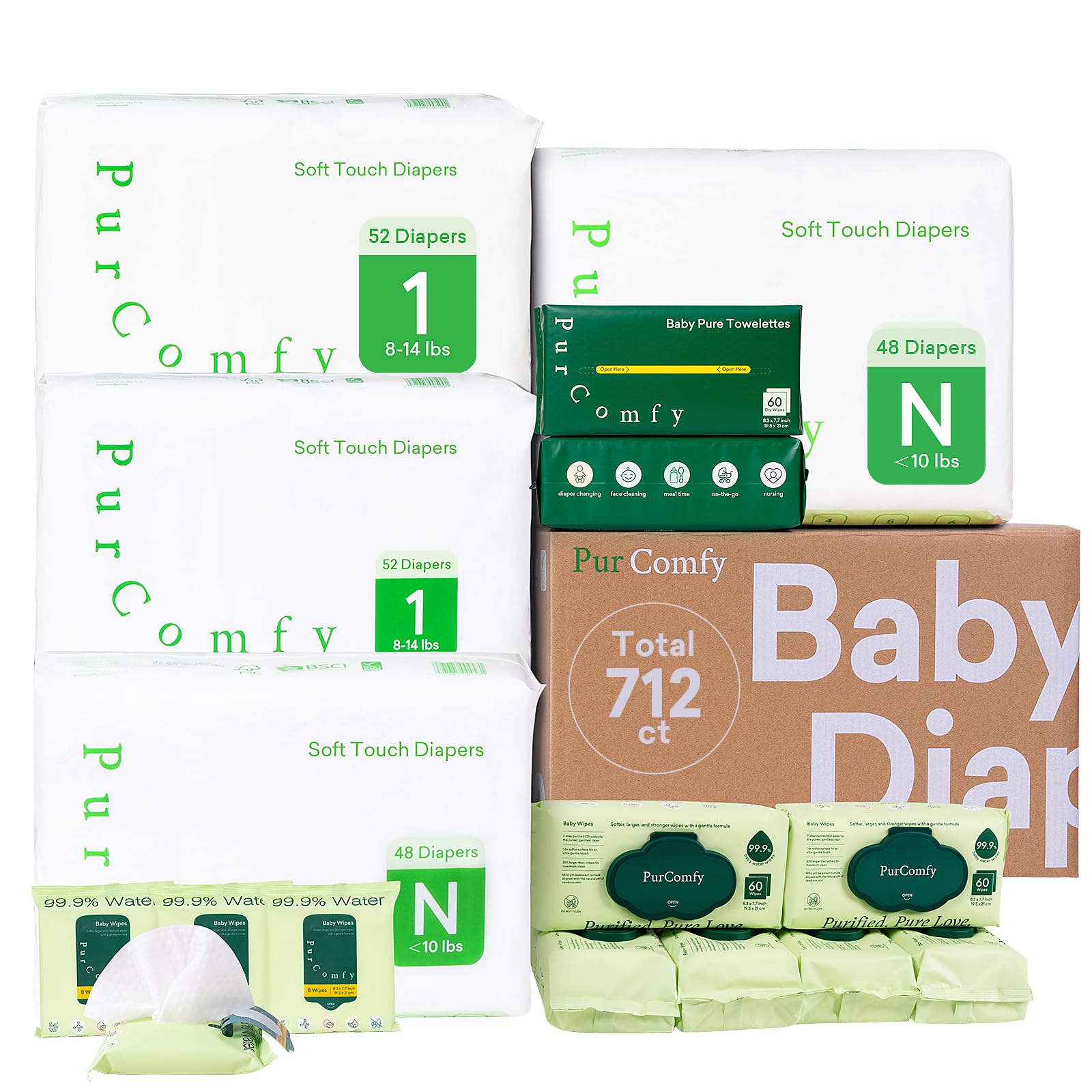 Baby Diapers Essential Kit, 4 Pack Baby Diaper, 6 Pack Baby Wipes, 4 Pack Travel Size Baby Wipes, 2 Pack Dry Wipes - PurComfy