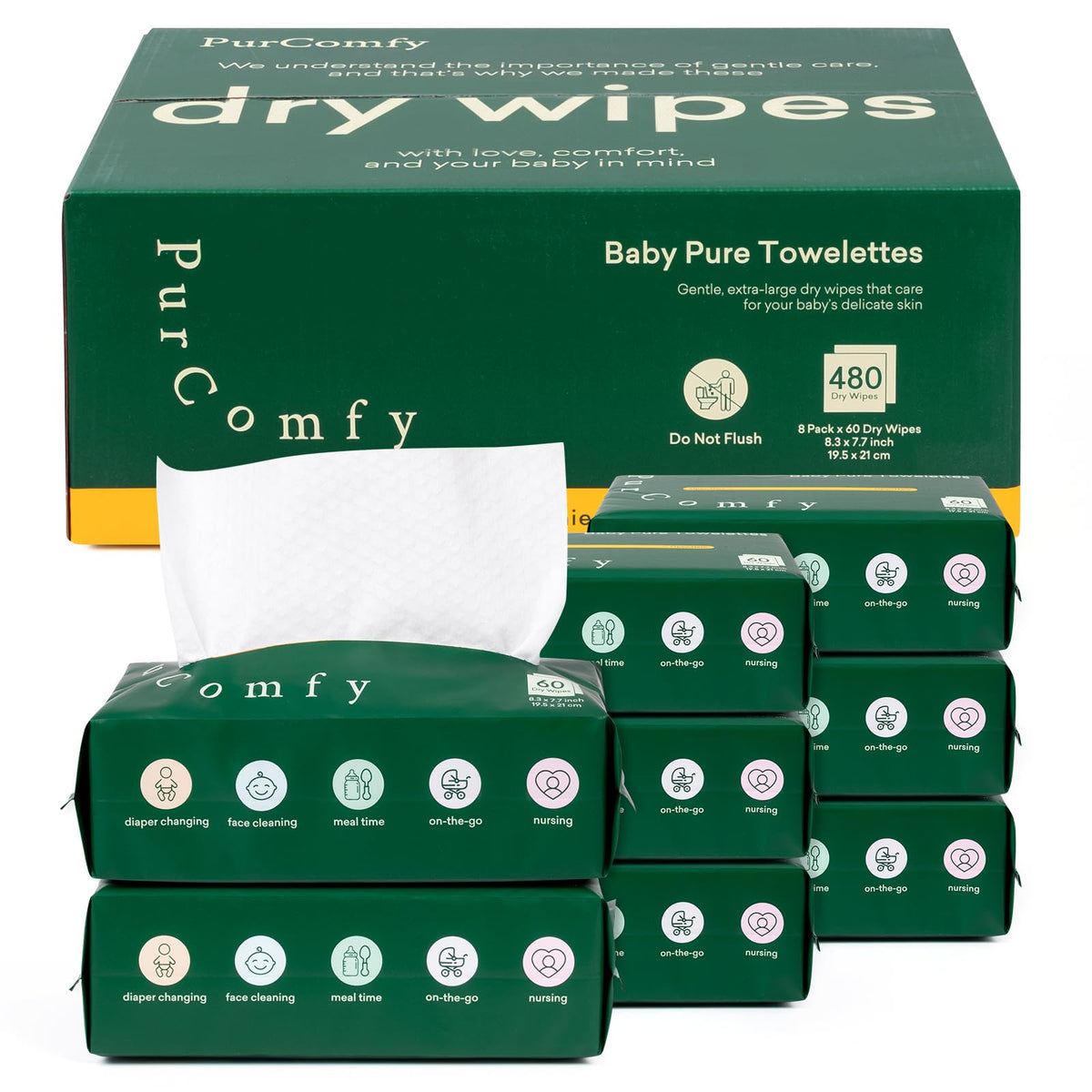 Baby Dry Wipes for Newborn, Plant-Based & Hypoallergenic Disposable Cloths for Baby Diaper Changes, Meal Time & Runny Noses, Use Wet or Dry - PurComfy