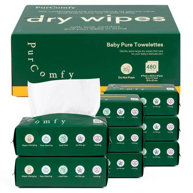 Baby Dry Wipes for Newborn, Plant-Based & Hypoallergenic Disposable Cloths for Baby Diaper Changes, Meal Time & Runny Noses, Use Wet or Dry - PurComfy