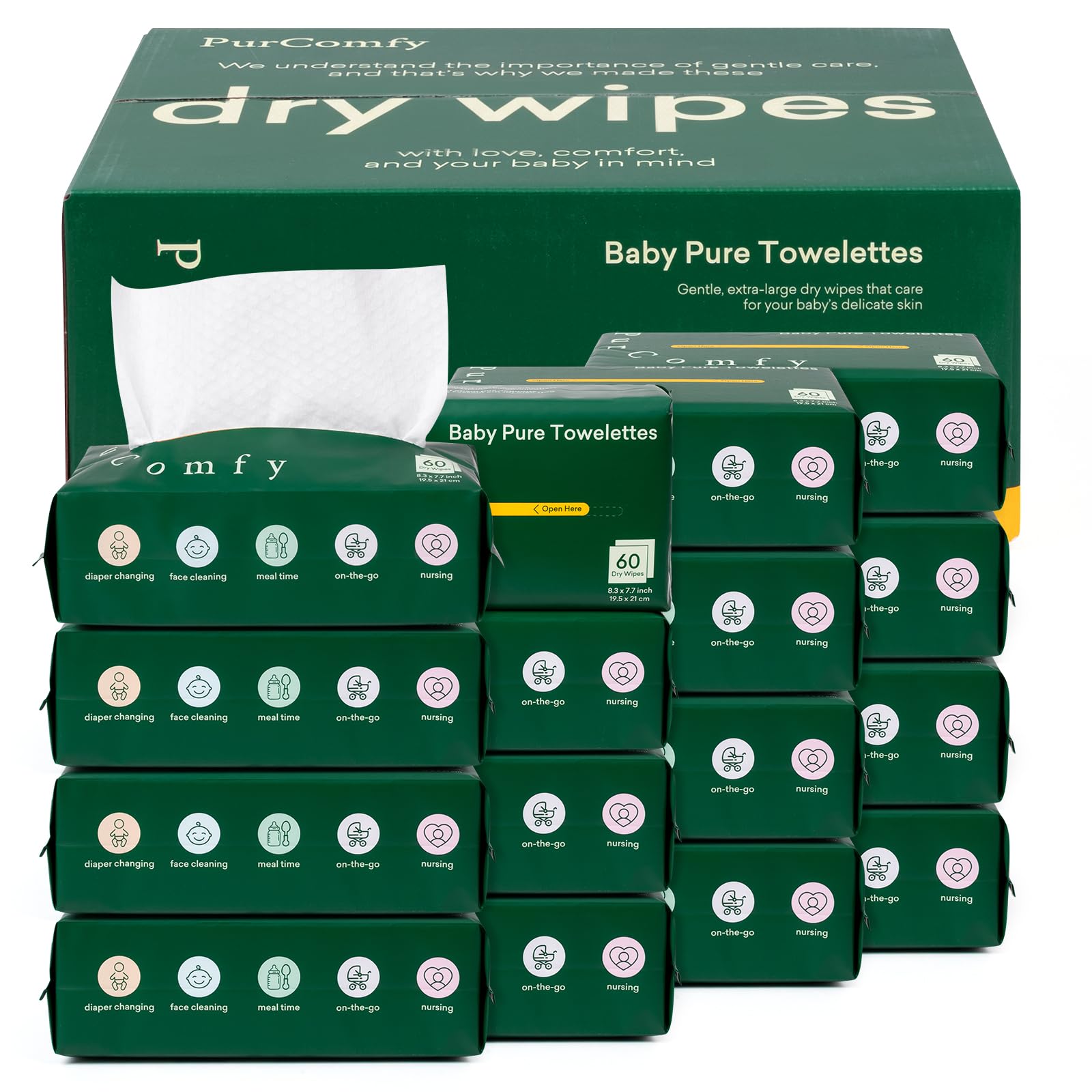 Baby Dry Wipes for Newborn, Plant-Based & Hypoallergenic Disposable Cloths for Baby Diaper Changes, Meal Time & Runny Noses, Use Wet or Dry - PurComfy