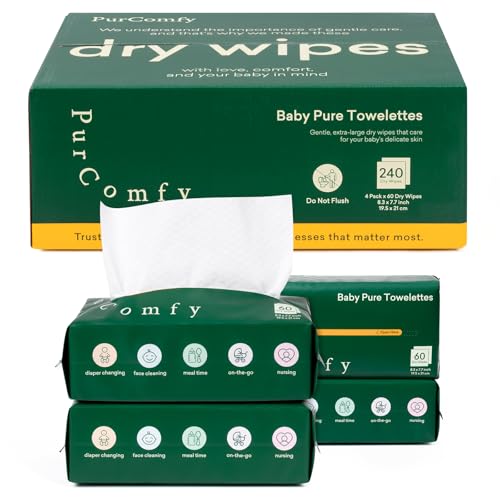 Baby Dry Wipes for Newborn, Plant-Based & Hypoallergenic Disposable Cloths for Baby Diaper Changes, Meal Time & Runny Noses, Use Wet or Dry - PurComfy