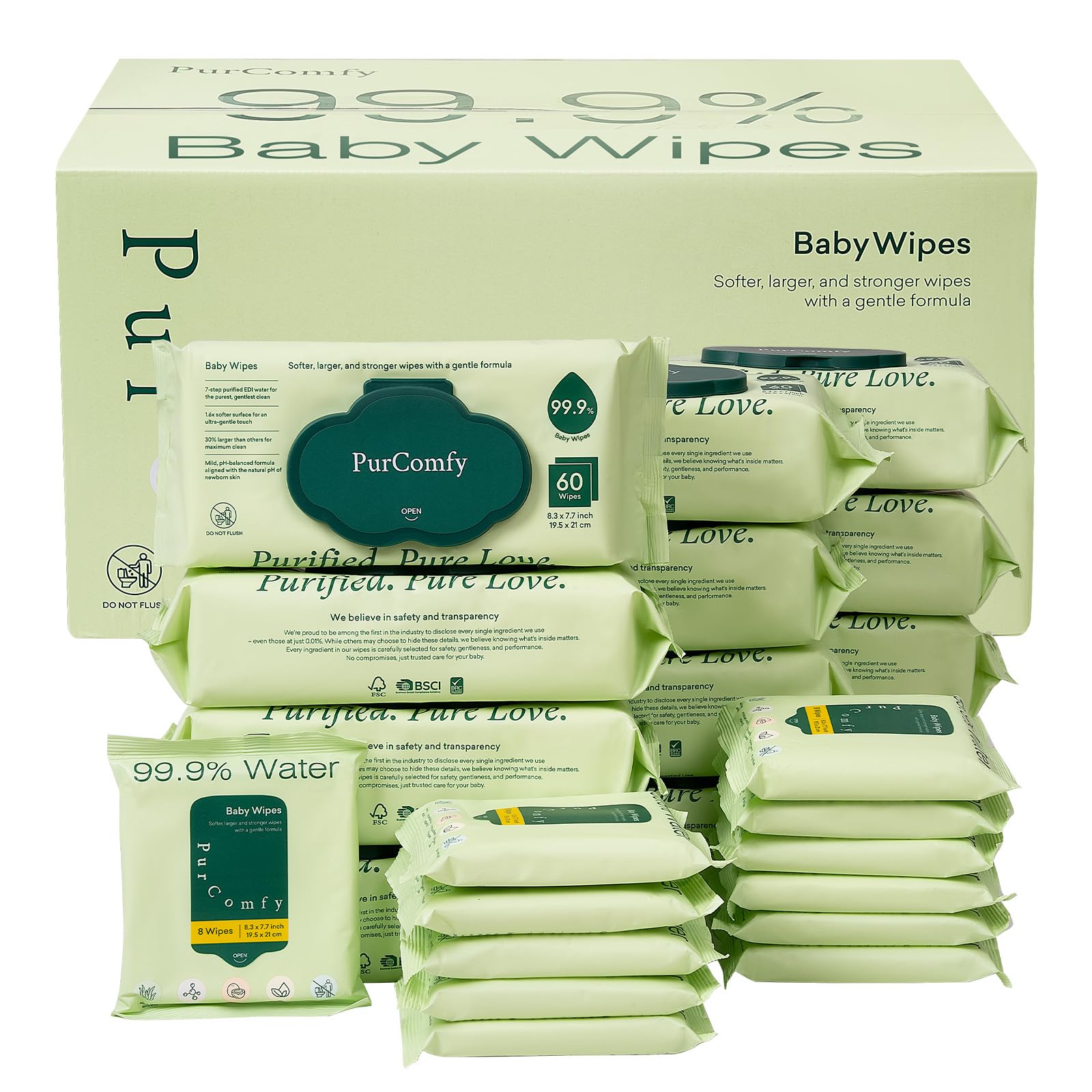 Baby Wipes Unscented, 99.9% Water Wipes with Plant Based, Hypoallergenic for Sensitive Newborn Skin - PurComfy