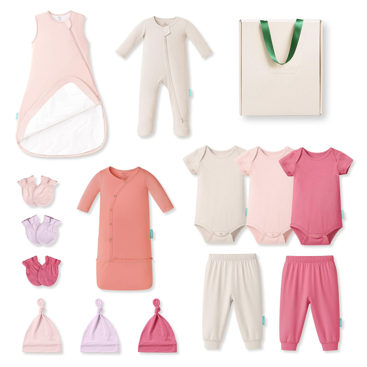 Bamboo Newborn Clothes Gift Set: 14-Piece Layette with Sleep Sack, Baby Essentials — Bamboo Lover Set - PurComfy